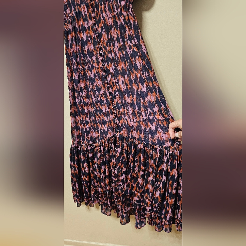By Anthropologie Purple Printed V- Neck Ruched-Sleeve Mesh Lined Maxi Dress,XSP - Picture 6 of 12